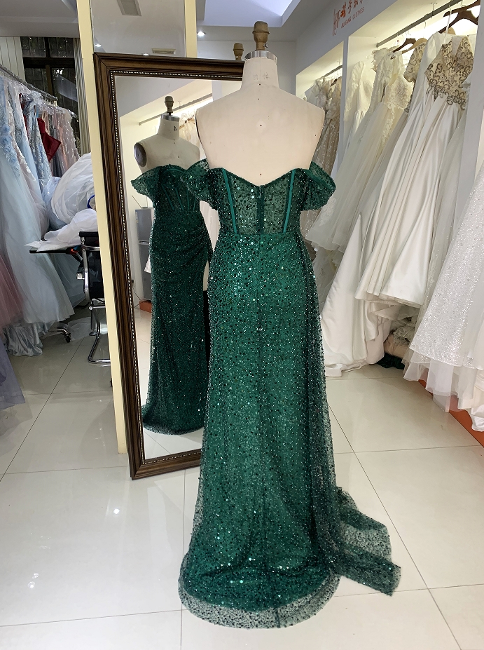 Emerald off shoulder glitter long mermaid elegant green prom dresses with side split