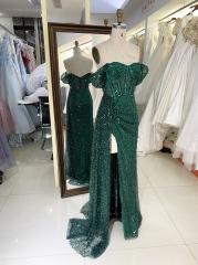 Emerald off shoulder glitter long mermaid elegant green prom dresses with side split