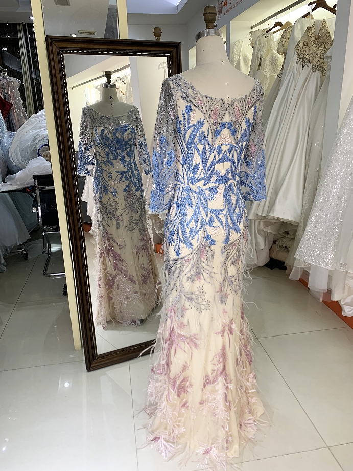 New elegant long sleeves lace feather dresses for mother of the bride