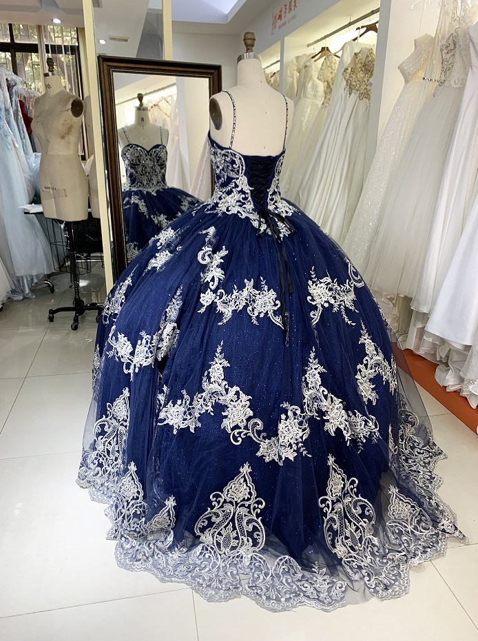 New navy gold embroidery quinceanera ball gown dress for woman