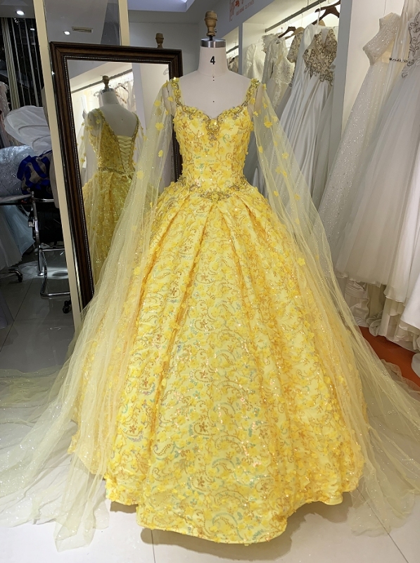 New flower yellow quinceanera dresses 15 ball gown for young girl