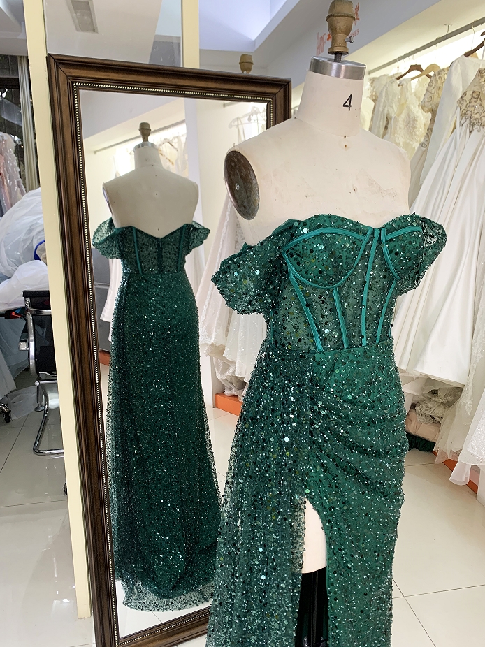 Emerald off shoulder glitter long mermaid elegant green prom dresses with side split
