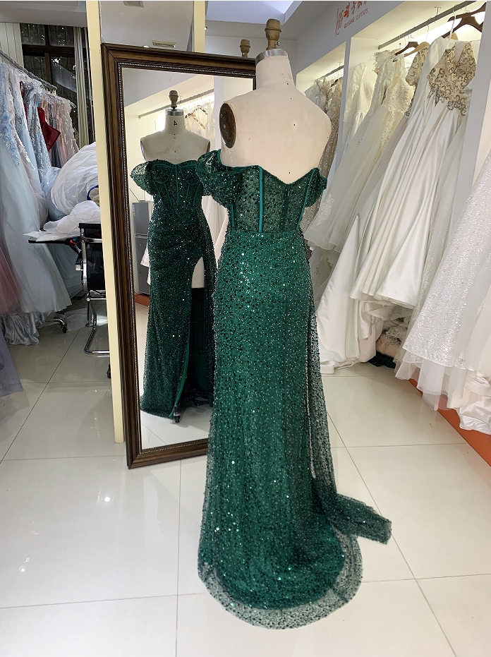 Emerald off shoulder glitter long mermaid elegant green prom dresses with side split