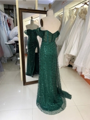 Emerald off shoulder glitter long mermaid elegant green prom dresses with side split