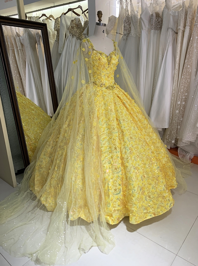 New flower yellow quinceanera dresses 15 ball gown for young girl