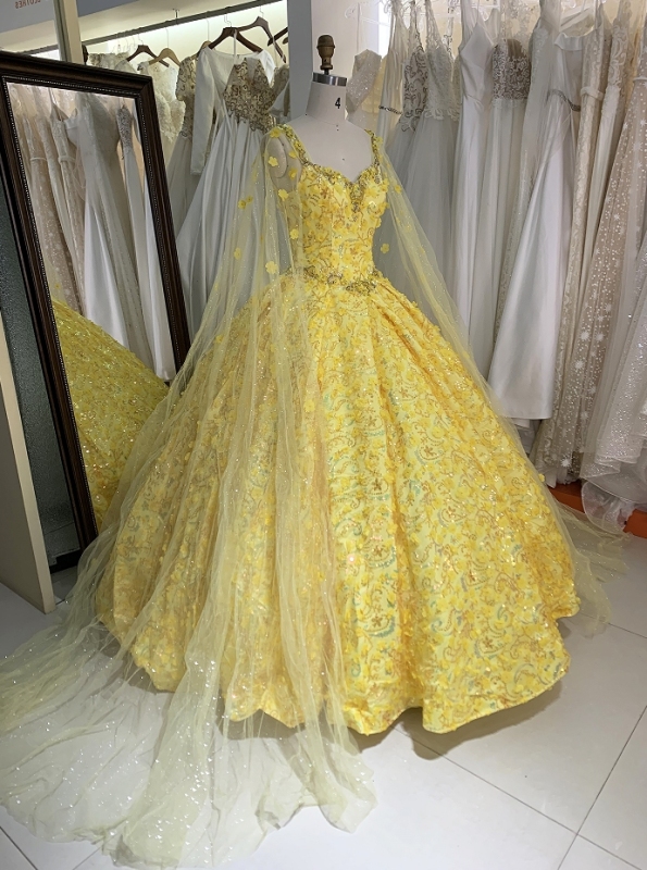 New flower yellow quinceanera dresses 15 ball gown for young girl