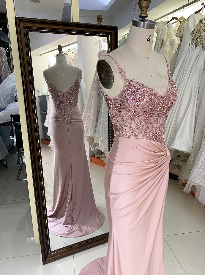 New twist skirt fitted pink embroidery long prom evening gown dress