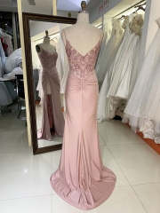 New twist skirt fitted pink embroidery long prom evening gown dress