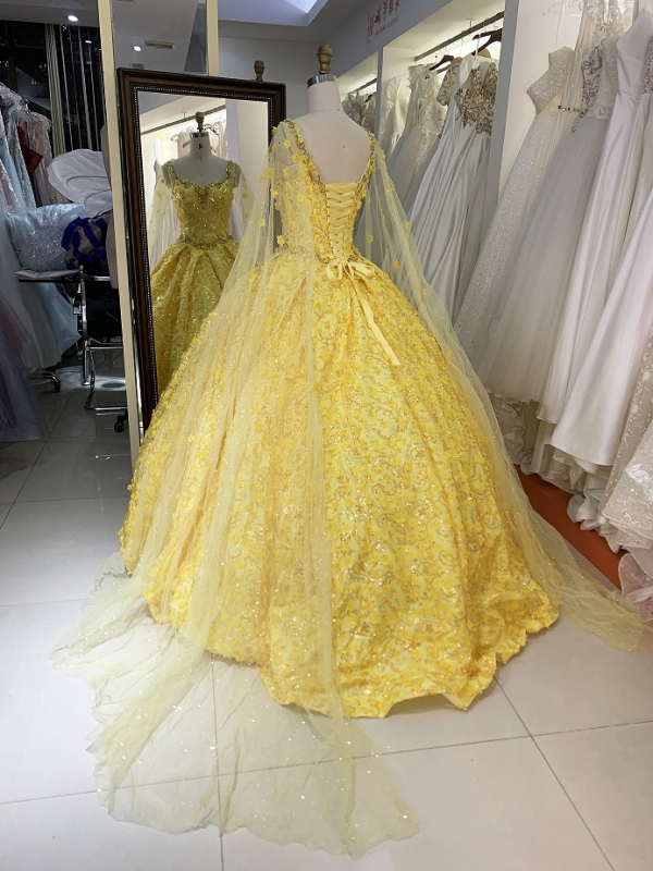 New flower yellow quinceanera dresses 15 ball gown for young girl
