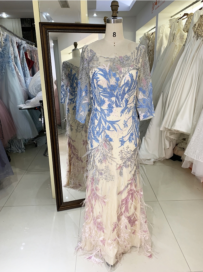New elegant long sleeves lace feather dresses for mother of the bride