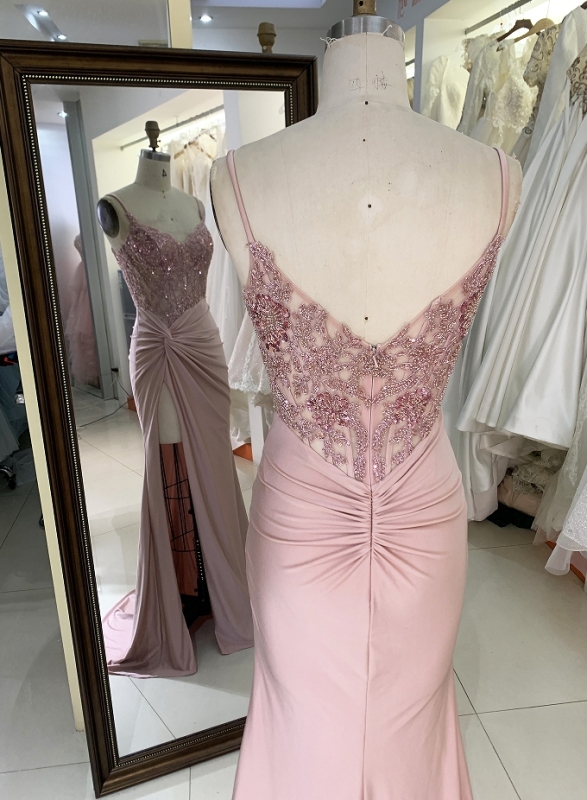 New twist skirt fitted pink embroidery long prom evening gown dress