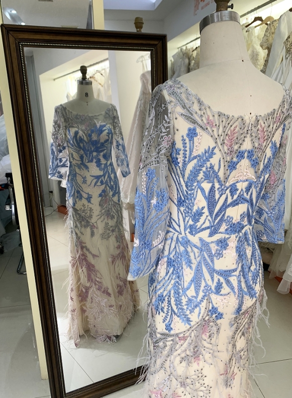 New elegant long sleeves lace feather dresses for mother of the bride