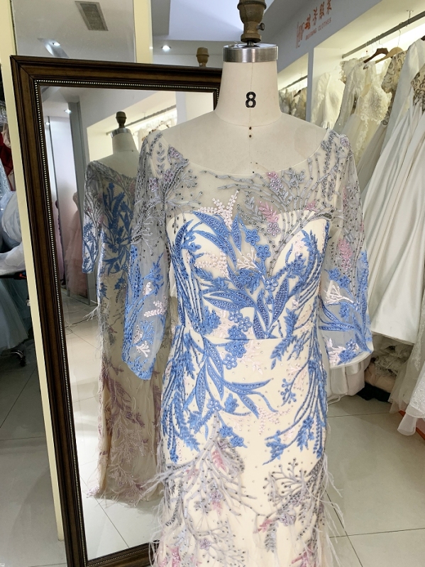 New elegant long sleeves lace feather dresses for mother of the bride