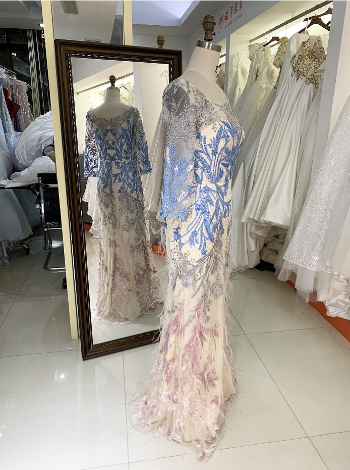 New elegant long sleeves lace feather dresses for mother of the bride