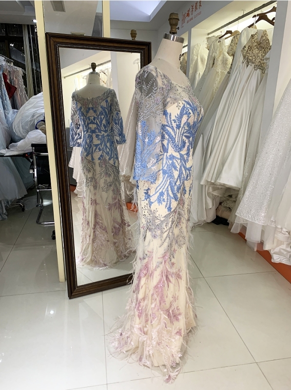New elegant long sleeves lace feather dresses for mother of the bride