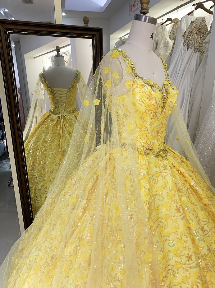 New flower yellow quinceanera dresses 15 ball gown for young girl