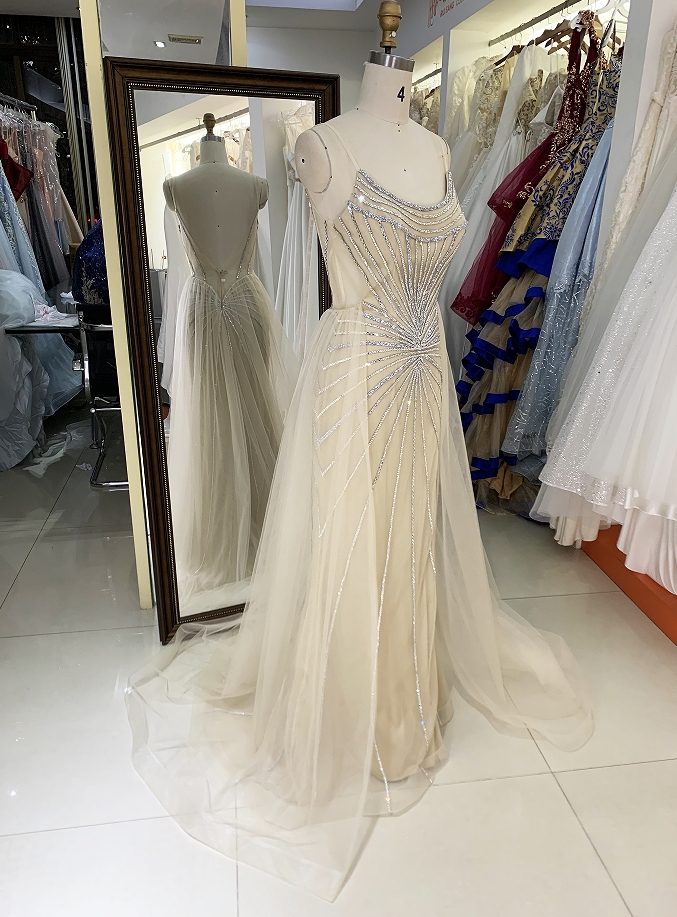 Champagne silver beading overskirt deep V back high quality long gown evening dress