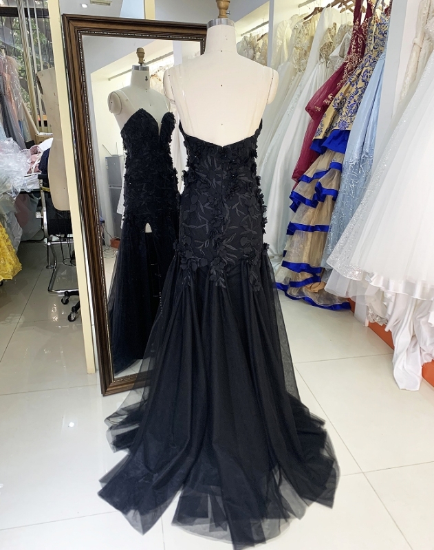 Wholesale black embroidery sweetheart zipper up back mermaid tulle long gown prom evening dress 2025