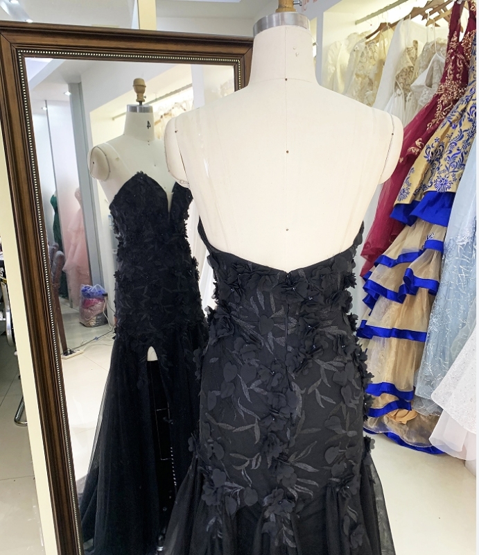 Wholesale black embroidery sweetheart zipper up back mermaid tulle long gown prom evening dress 2025