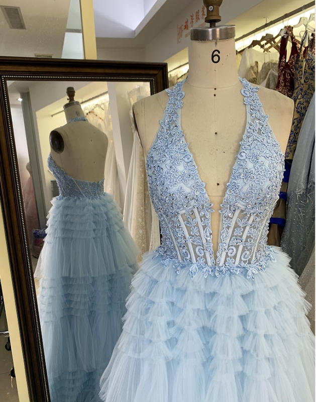 Wholesale light blue tulle corset zipper up back long gown prom evening dress 2025
