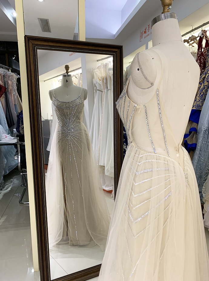 Champagne silver beading overskirt deep V back high quality long gown evening dress
