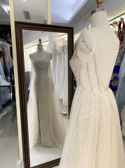 Champagne silver beading overskirt deep V back high quality long gown evening dress