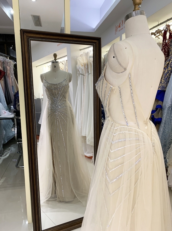Champagne silver beading overskirt deep V back high quality long gown evening dress