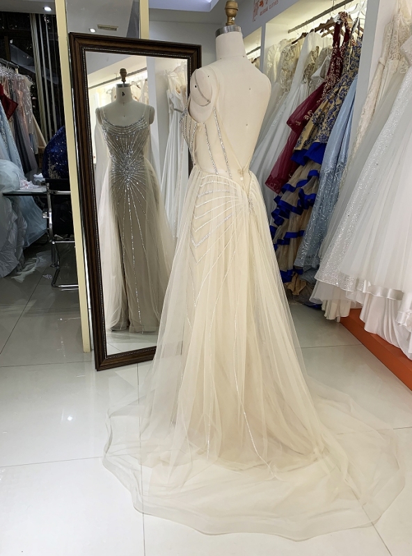 Champagne silver beading overskirt deep V back high quality long gown evening dress