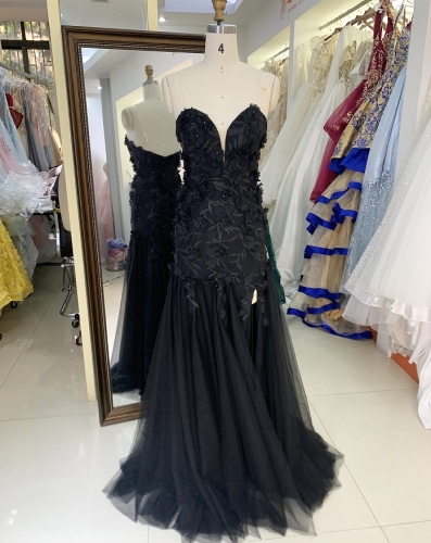 Wholesale black embroidery sweetheart zipper up back mermaid tulle long gown prom evening dress 2025