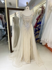 Champagne silver beading overskirt deep V back high quality long gown evening dress