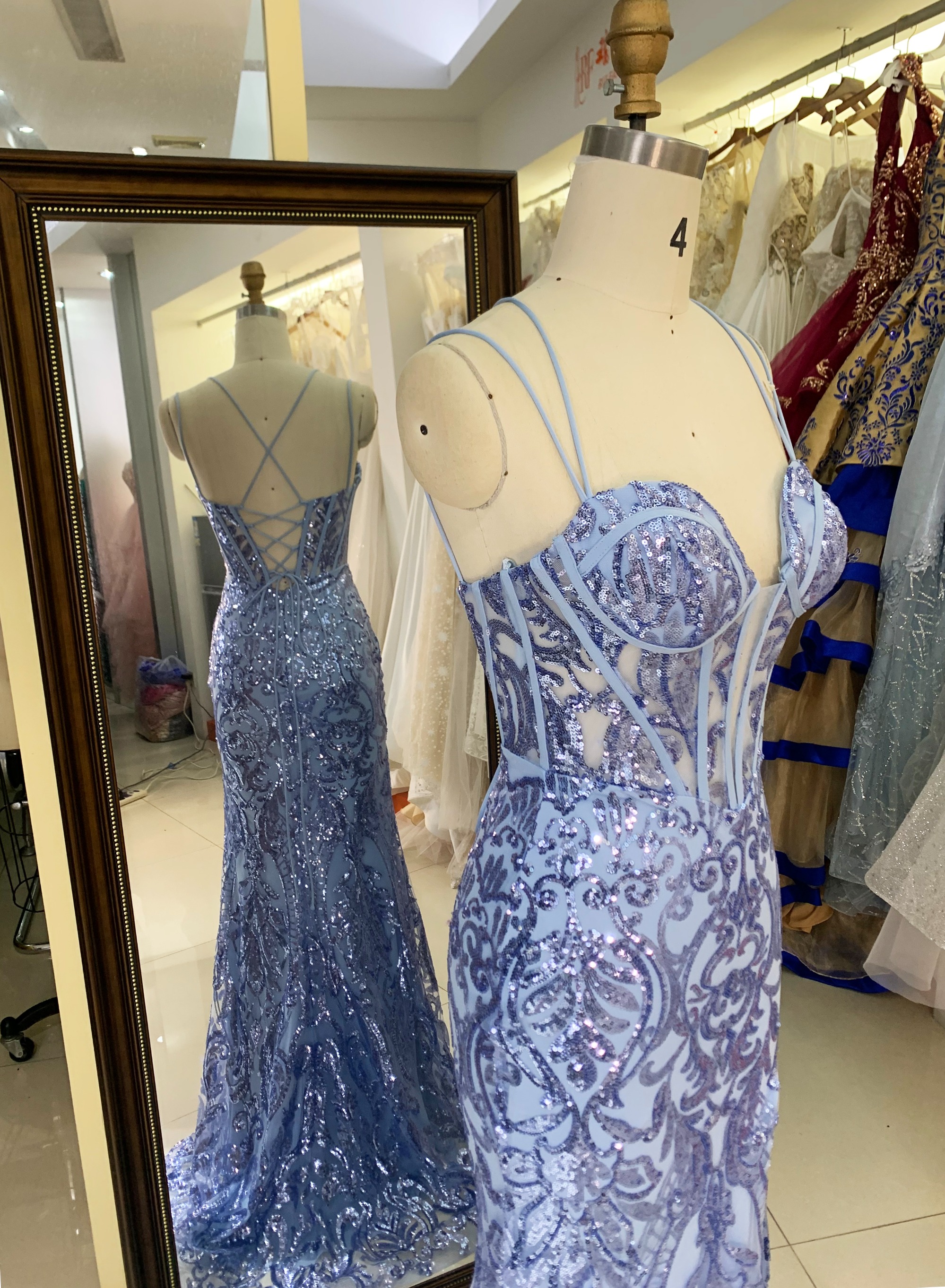 Wholesale dusty blue sequin corset lace up back mermaid long gown prom evening dress 2025