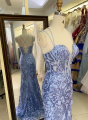 Wholesale dusty blue sequin corset lace up back mermaid long gown prom evening dress 2025