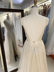 Champagne silver beading overskirt deep V back high quality long gown evening dress