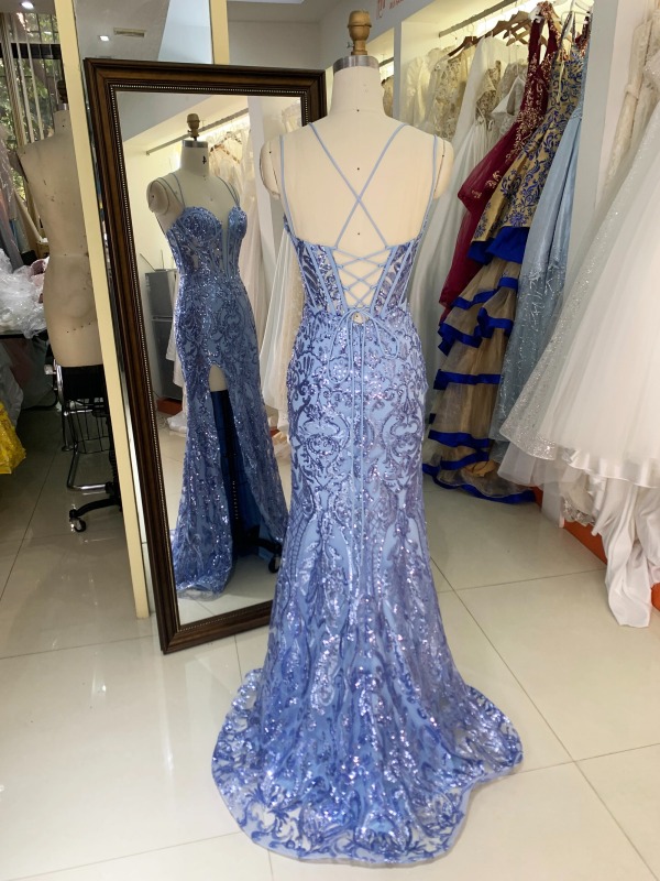 Wholesale dusty blue sequin corset lace up back mermaid long gown prom evening dress 2025