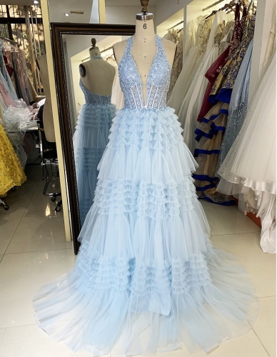 Wholesale light blue tulle corset zipper up back long gown prom evening dress 2025