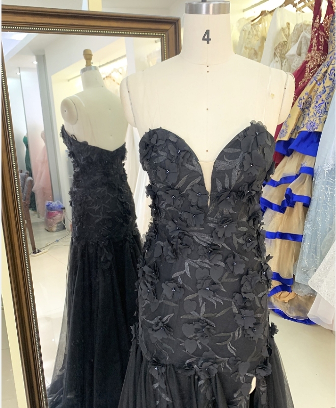 Wholesale black embroidery sweetheart zipper up back mermaid tulle long gown prom evening dress 2025