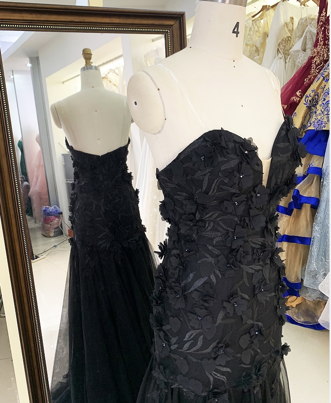 Wholesale black embroidery sweetheart zipper up back mermaid tulle long gown prom evening dress 2025