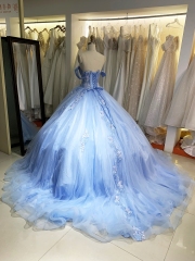 Light blue wholesale off shoulder embroidery corsetsweet 16 quinceanera princess tulle ball gown for girls