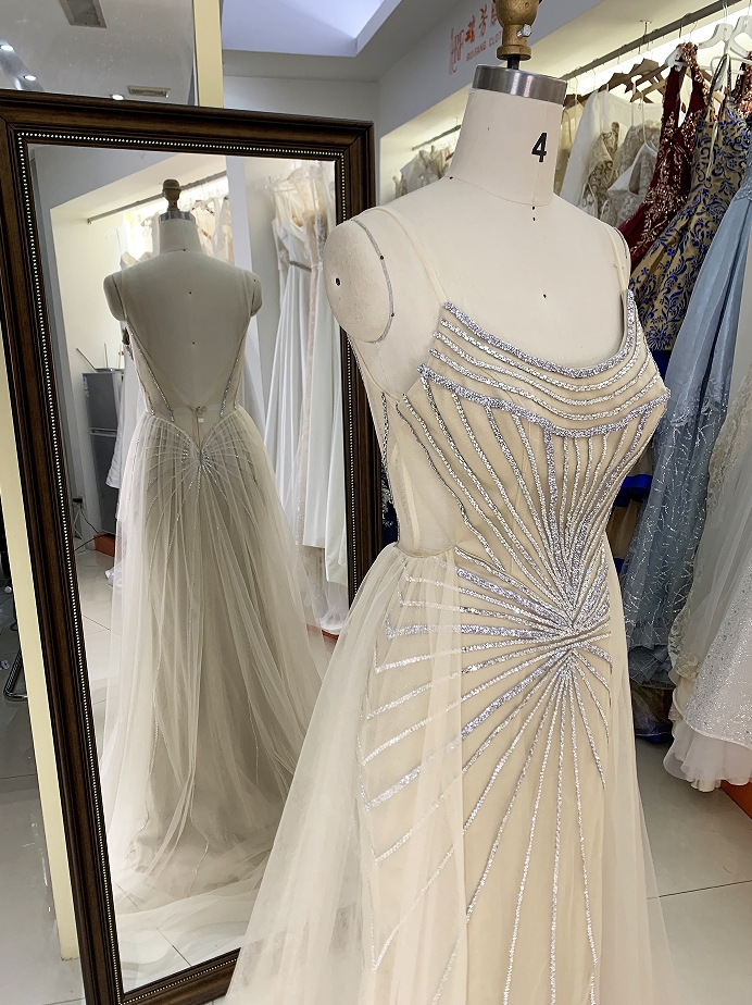 Champagne silver beading overskirt deep V back high quality long gown evening dress