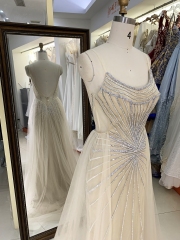 Champagne silver beading overskirt deep V back high quality long gown evening dress