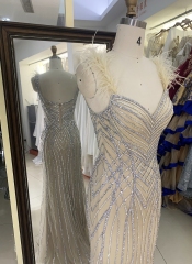 Wholesale silver champagne mermaid feather beading long gown prom evening dress 2025