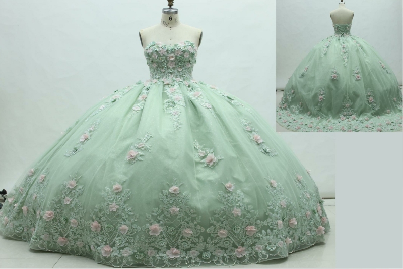 Women new quinceaneras dress flower mint long party elegant romantic