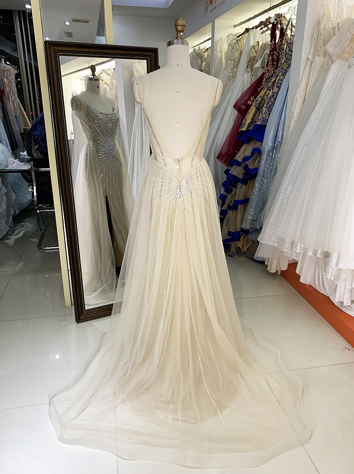 Champagne silver beading overskirt deep V back high quality long gown evening dress