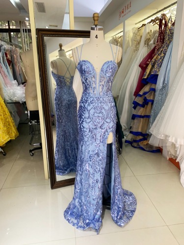 Wholesale dusty blue sequin corset lace up back mermaid long gown prom evening dress 2025