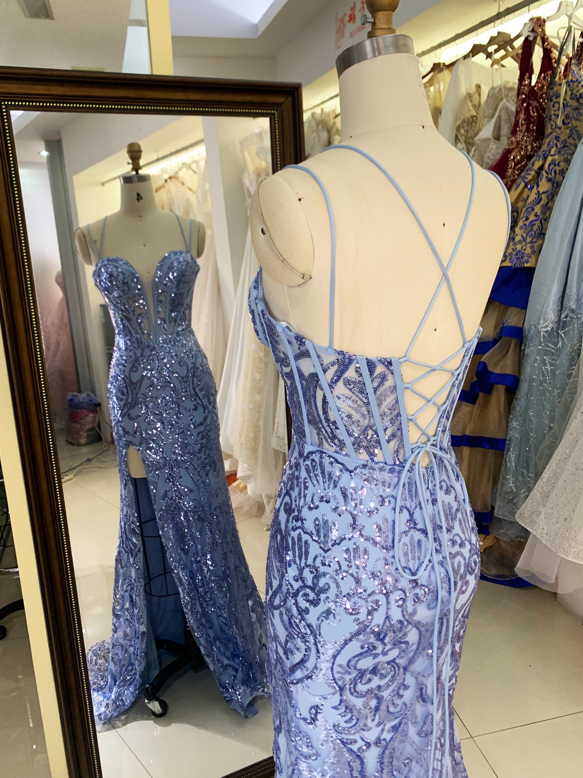 Wholesale dusty blue sequin corset lace up back mermaid long gown prom evening dress 2025