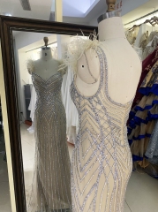 Wholesale silver champagne mermaid feather beading long gown prom evening dress 2025