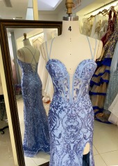 Wholesale dusty blue sequin corset lace up back mermaid long gown prom evening dress 2025