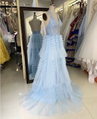 Wholesale light blue tulle corset zipper up back long gown prom evening dress 2025