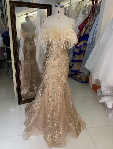New glitter sequin luxury feather wholesale long gowns evening prom dress 2025