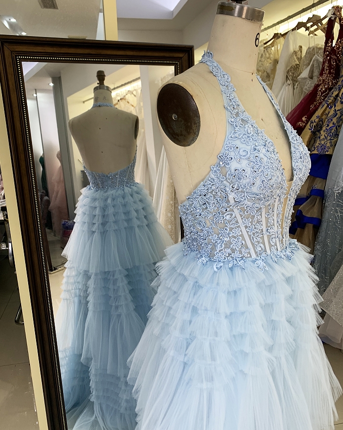 Wholesale light blue tulle corset zipper up back long gown prom evening dress 2025